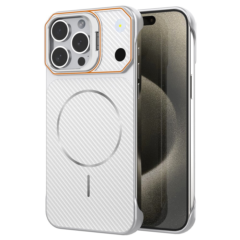Til iPhone 15 Pro Magnetisk Cover med Linseramme Støtteben Kulfiber Tekstur Hård PC Halv-Indpakket Telefon Cover