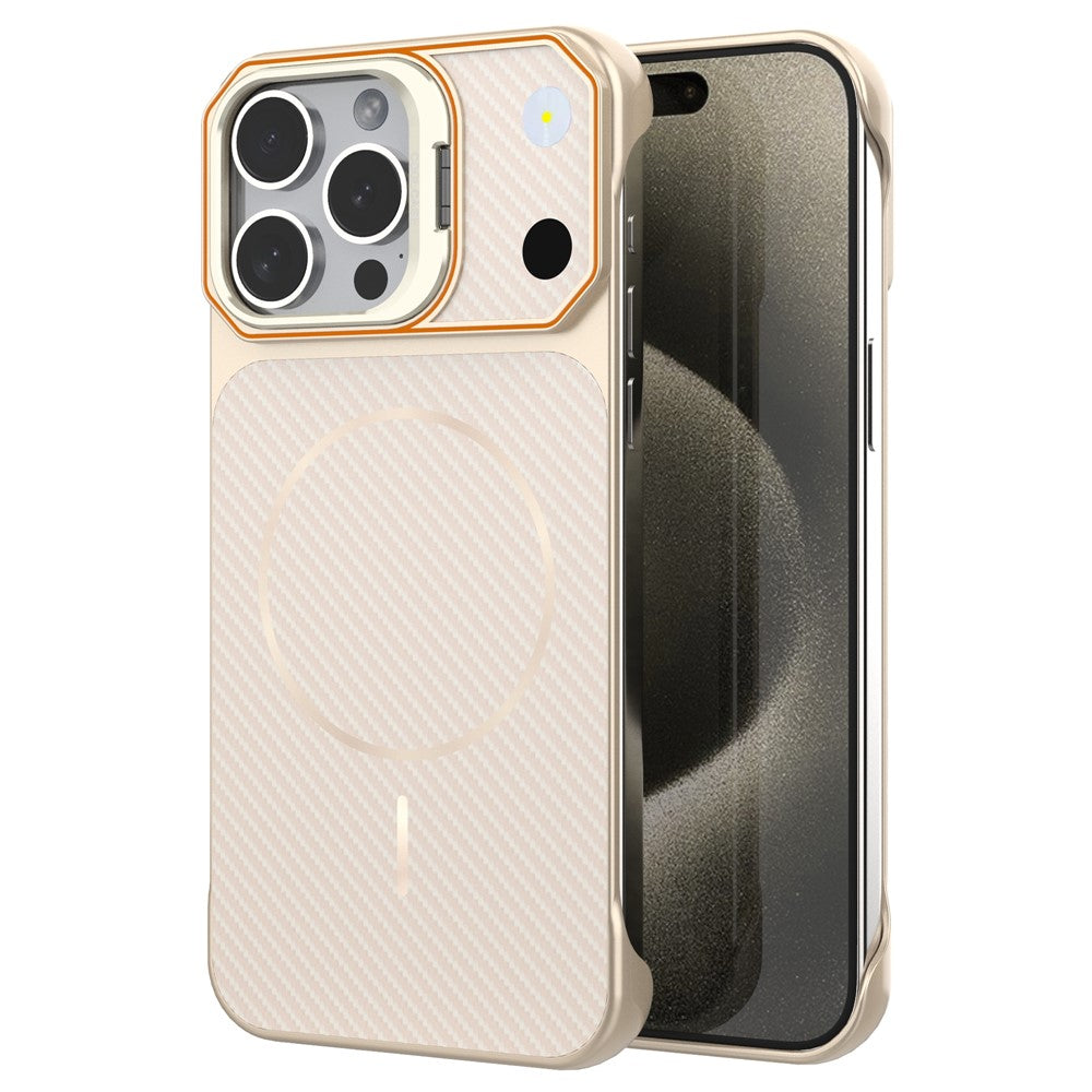 Til iPhone 15 Pro Magnetisk Cover med Linseramme Støtteben Kulfiber Tekstur Hård PC Halv-Indpakket Telefon Cover