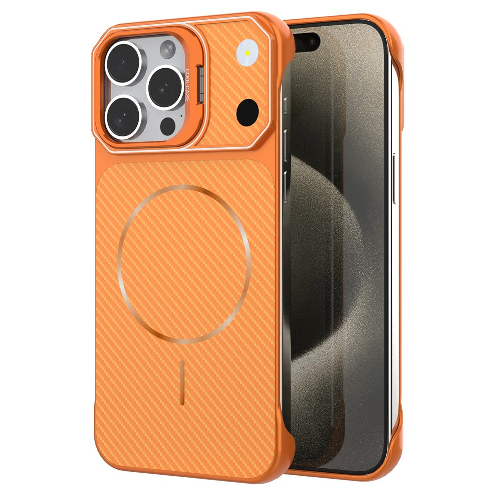 Til iPhone 15 Pro Magnetisk Cover med Linseramme Støtteben Kulfiber Tekstur Hård PC Halv-Indpakket Telefon Cover