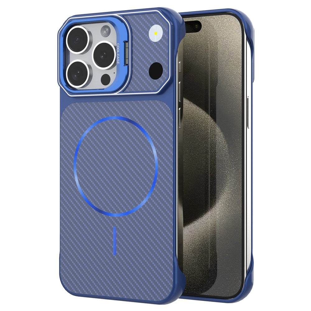 Til iPhone 15 Pro Magnetisk Cover med Linseramme Støtteben Kulfiber Tekstur Hård PC Halv-Indpakket Telefon Cover