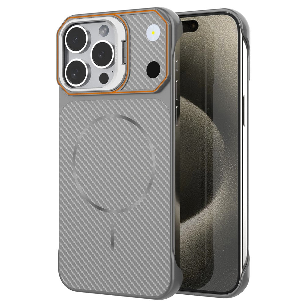Til iPhone 15 Pro Magnetisk Cover med Linseramme Støtteben Kulfiber Tekstur Hård PC Halv-Indpakket Telefon Cover