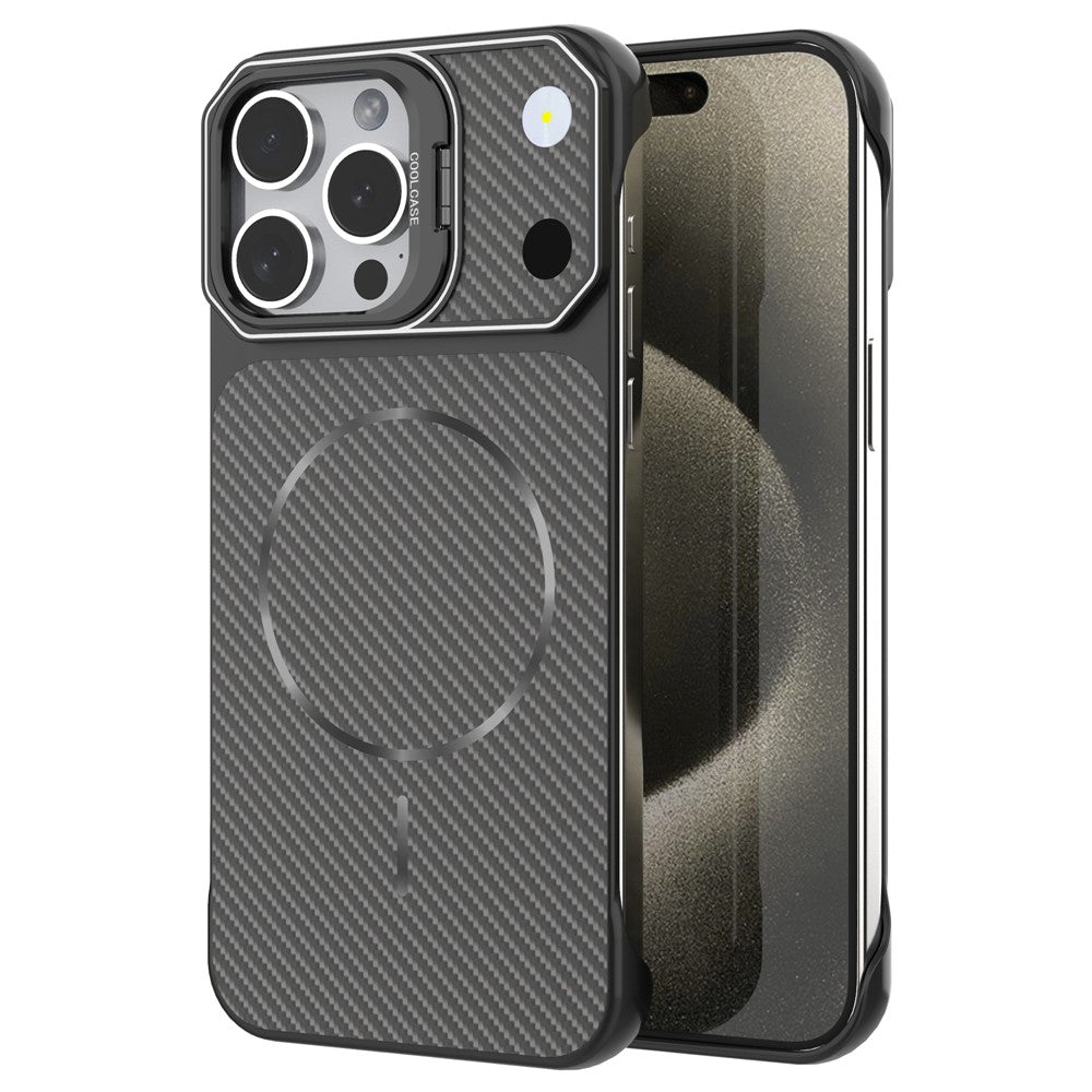 For iPhone 18 Pro  /  17 Pro Magnetic Case with Lens Frame Kickstand Carbon Fiber Texture Hard PC Half-Wrapped Phone Cover - Orange