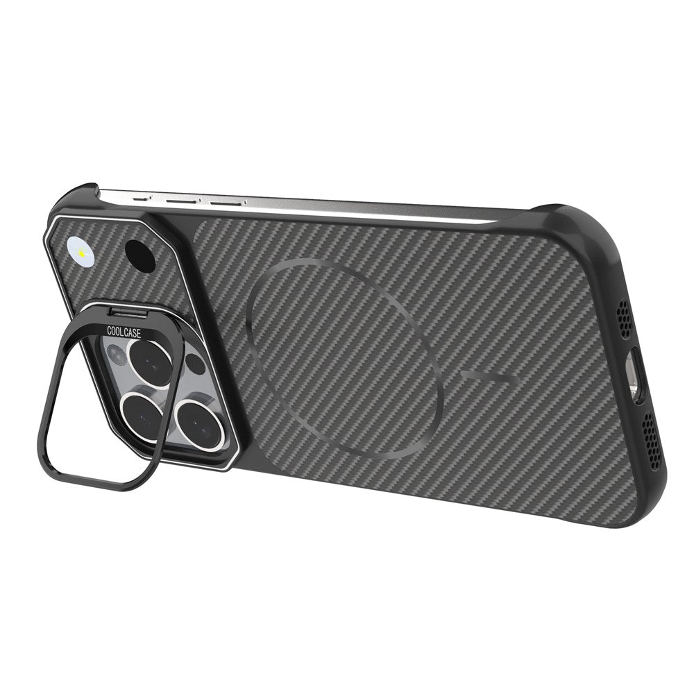 For iPhone 18 Pro  /  17 Pro Magnetic Case with Lens Frame Kickstand Carbon Fiber Texture Hard PC Half-Wrapped Phone Cover - Orange