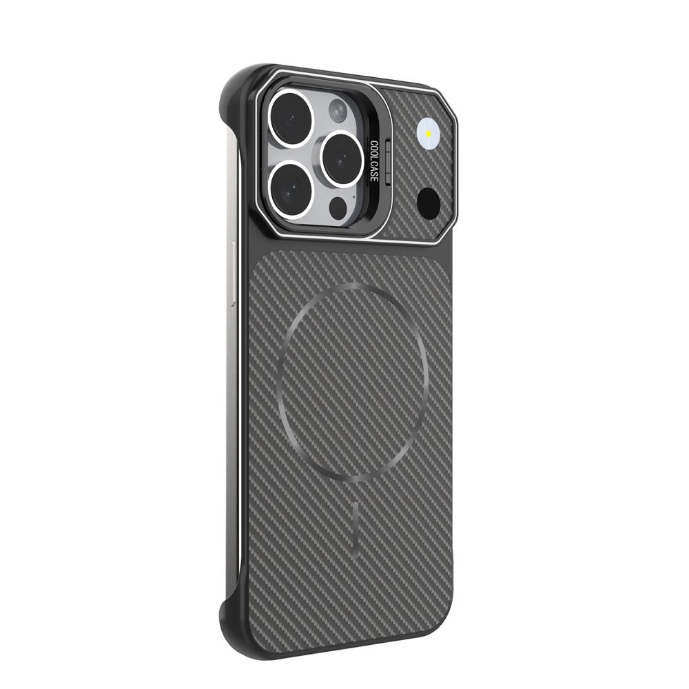 For iPhone 18 Pro  /  17 Pro Magnetic Case with Lens Frame Kickstand Carbon Fiber Texture Hard PC Half-Wrapped Phone Cover - Orange