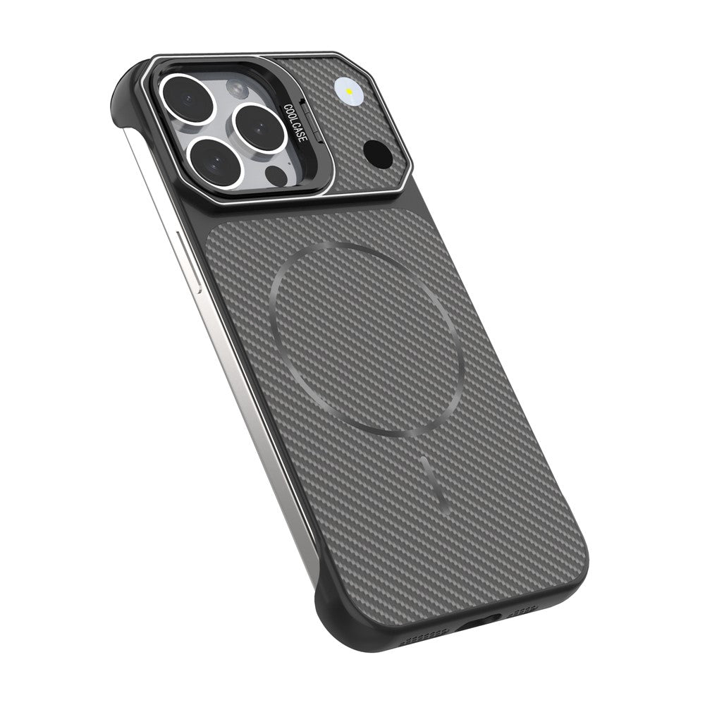 For iPhone 18 Pro  /  17 Pro Magnetic Case with Lens Frame Kickstand Carbon Fiber Texture Hard PC Half-Wrapped Phone Cover - Orange