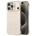 For iPhone 18 Pro  /  17 Pro Magnetic Case with Lens Frame Kickstand Carbon Fiber Texture Hard PC Half-Wrapped Phone Cover - Orange