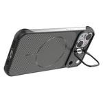 For iPhone 13 / 14 Magnetic Case with Lens Frame Kickstand Carbon Fiber Texture Hard PC Half-Wrapped Phone Cover