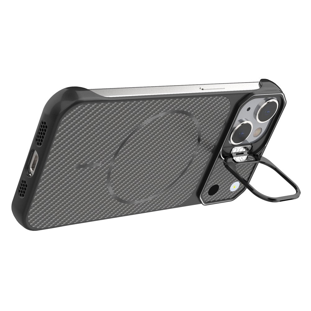 For iPhone 13 / 14 Magnetic Case with Lens Frame Kickstand Carbon Fiber Texture Hard PC Half-Wrapped Phone Cover