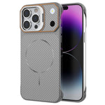 For iPhone 14 Pro Magnetic Case with Lens Frame Kickstand Carbon Fiber Texture Hard PC Half-Wrapped Phone Cover