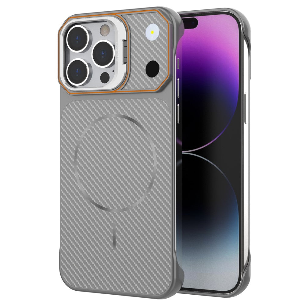 For iPhone 14 Pro Magnetic Case with Lens Frame Kickstand Carbon Fiber Texture Hard PC Half-Wrapped Phone Cover