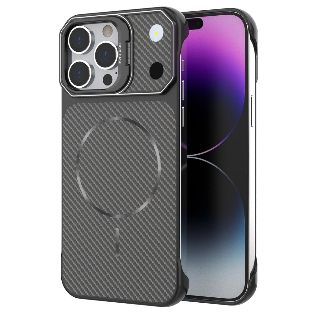 Til iPhone 14 Pro Max Magnetisk Cover med Linseramme Støtteben Kulfiber Tekstur Hårdt PC Halv-Indpakket Telefoncover