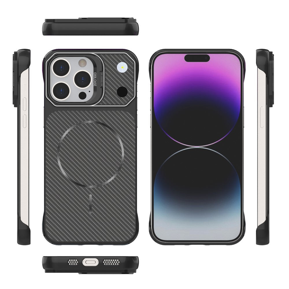 Til iPhone 14 Pro Max Magnetisk Cover med Linseramme Støtteben Kulfiber Tekstur Hårdt PC Halv-Indpakket Telefoncover