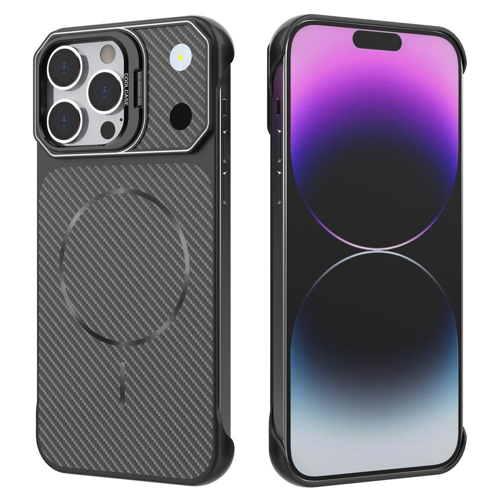 Til iPhone 14 Pro Max Magnetisk Cover med Linseramme Støtteben Kulfiber Tekstur Hårdt PC Halv-Indpakket Telefoncover