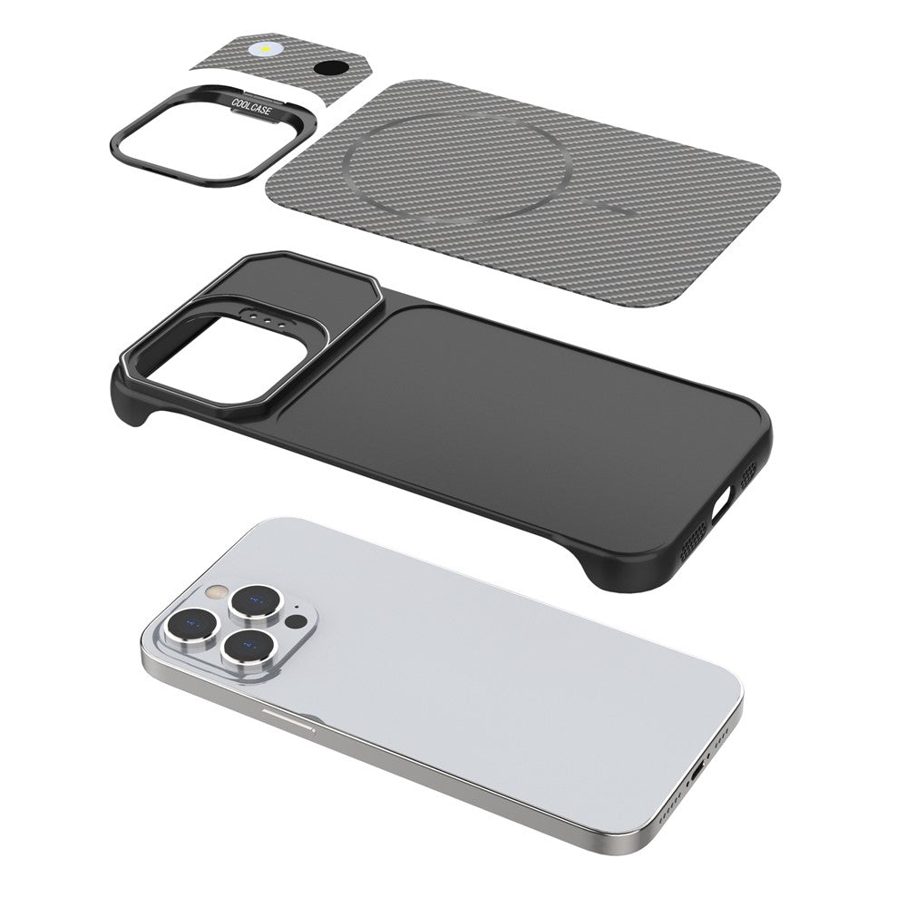Til iPhone 14 Pro Max Magnetisk Cover med Linseramme Støtteben Kulfiber Tekstur Hårdt PC Halv-Indpakket Telefoncover