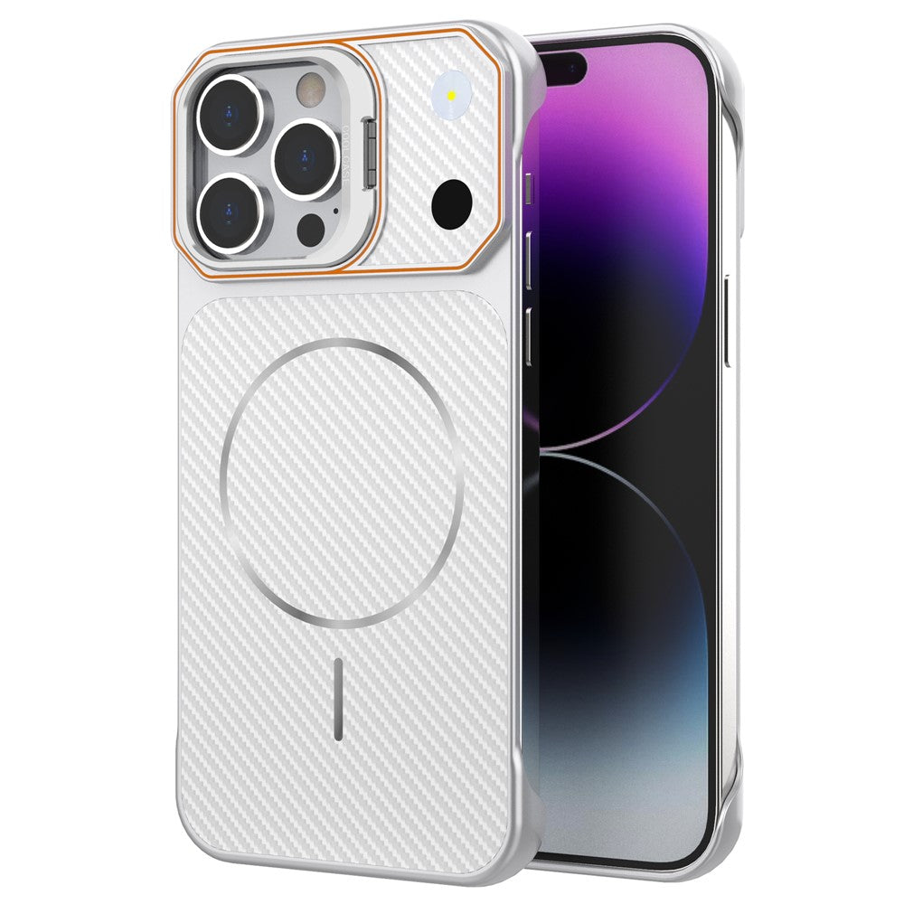 Til iPhone 14 Pro Max Magnetisk Cover med Linseramme Støtteben Kulfiber Tekstur Hårdt PC Halv-Indpakket Telefoncover