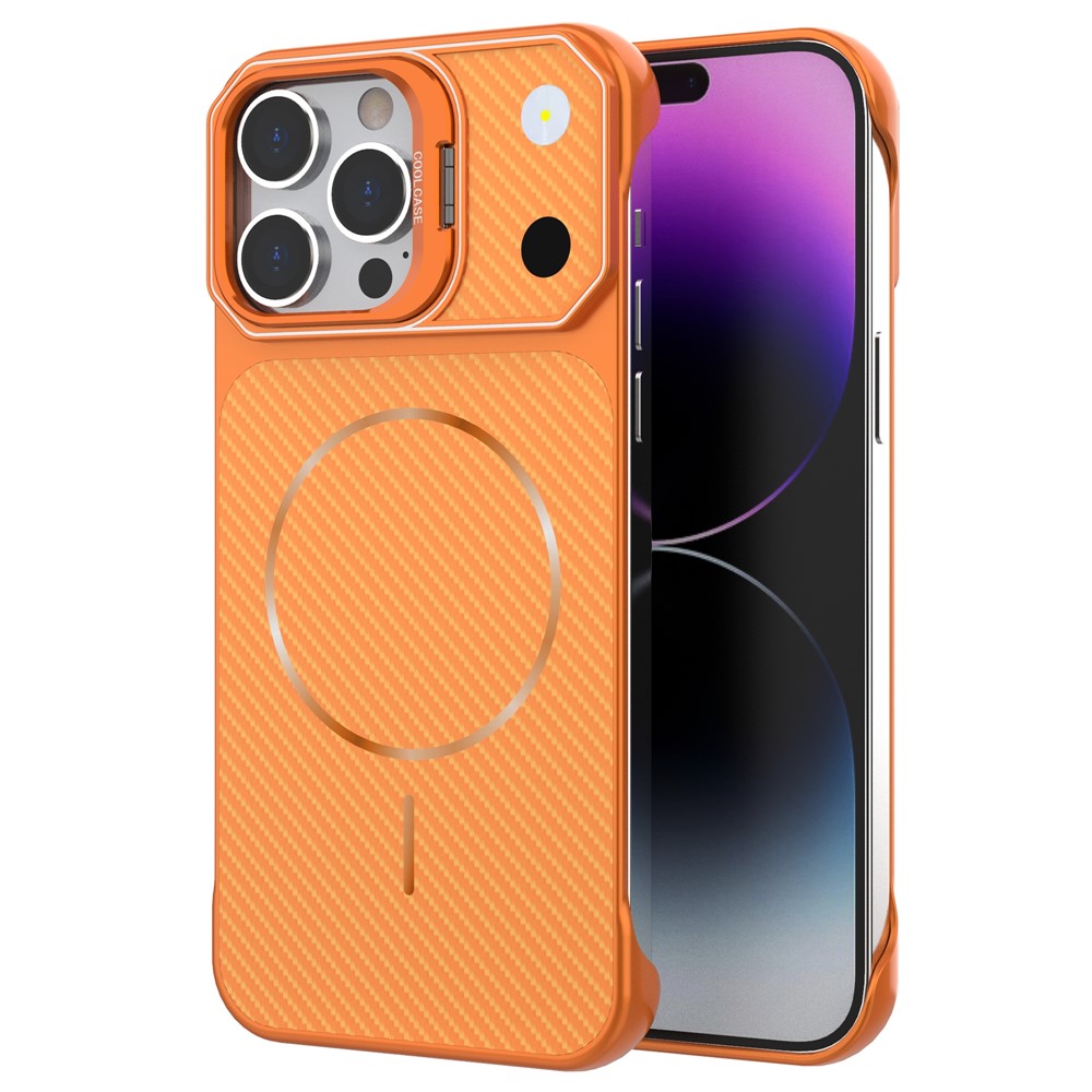 Til iPhone 14 Pro Max Magnetisk Cover med Linseramme Støtteben Kulfiber Tekstur Hårdt PC Halv-Indpakket Telefoncover