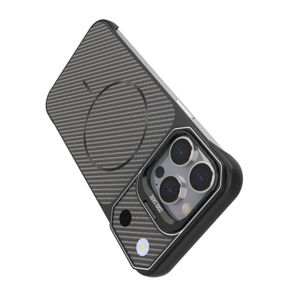 For iPhone 13 Pro Magnetic Case with Lens Frame Kickstand Carbon Fiber Texture Hard PC Half-Wrapped Phone Cover