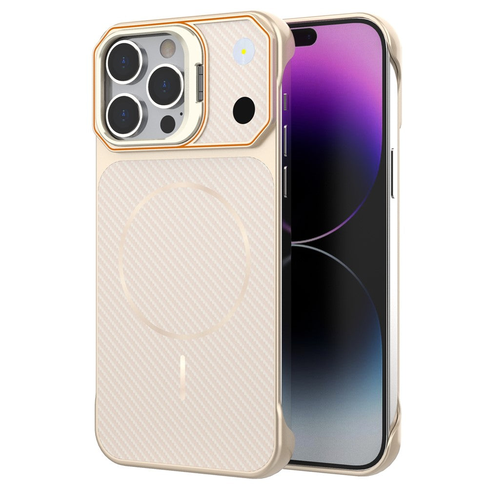 For iPhone 13 Pro Magnetic Case with Lens Frame Kickstand Carbon Fiber Texture Hard PC Half-Wrapped Phone Cover
