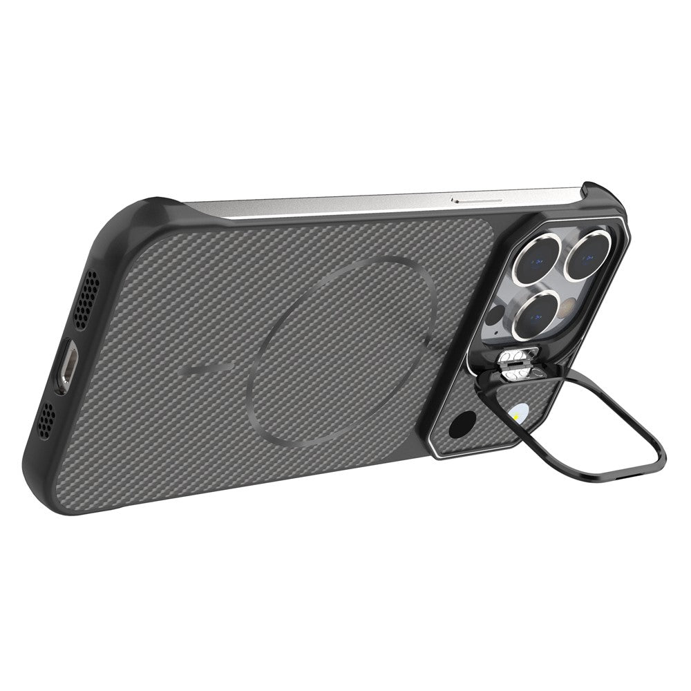 For iPhone 13 Pro Max Magnetic Case with Lens Frame Kickstand Carbon Fiber Texture Hard PC Half-Wrapped Phone Cover