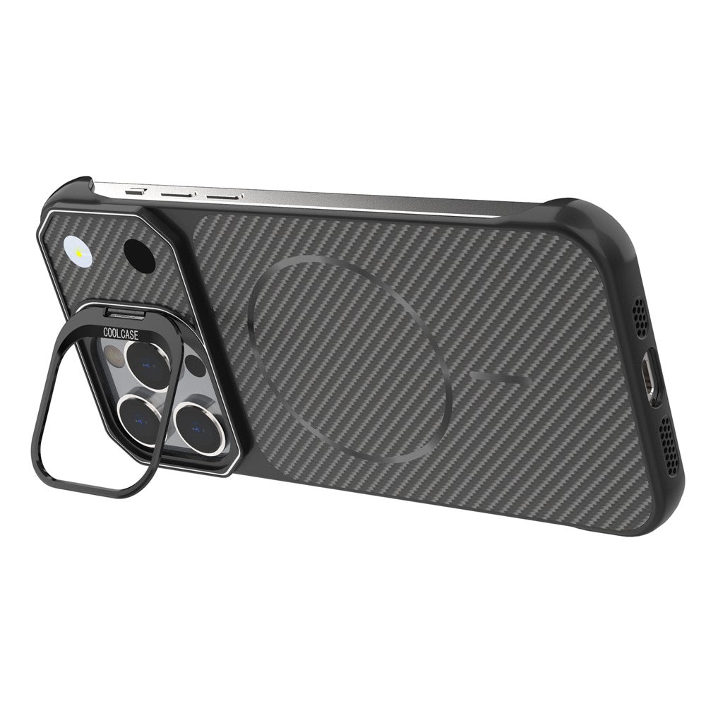 For iPhone 13 Pro Max Magnetic Case with Lens Frame Kickstand Carbon Fiber Texture Hard PC Half-Wrapped Phone Cover