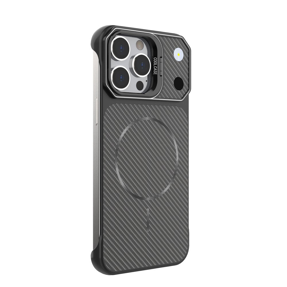 For iPhone 13 Pro Max Magnetic Case with Lens Frame Kickstand Carbon Fiber Texture Hard PC Half-Wrapped Phone Cover