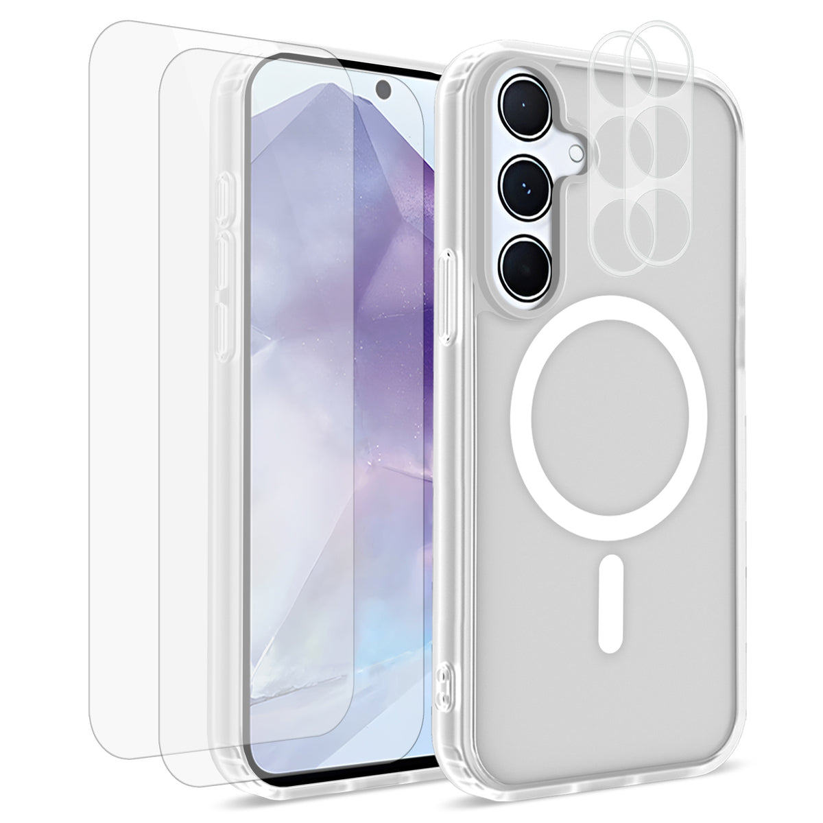 For Samsung Galaxy A35 5G Magnetic Case PC + TPU Matte Phone Cover with 2Pcs Camera Protector + 2Pcs Screen Protector