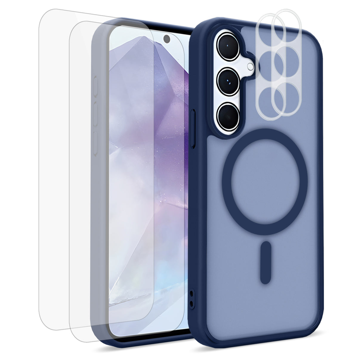 For Samsung Galaxy A35 5G Magnetic Case PC + TPU Matte Phone Cover with 2Pcs Camera Protector + 2Pcs Screen Protector