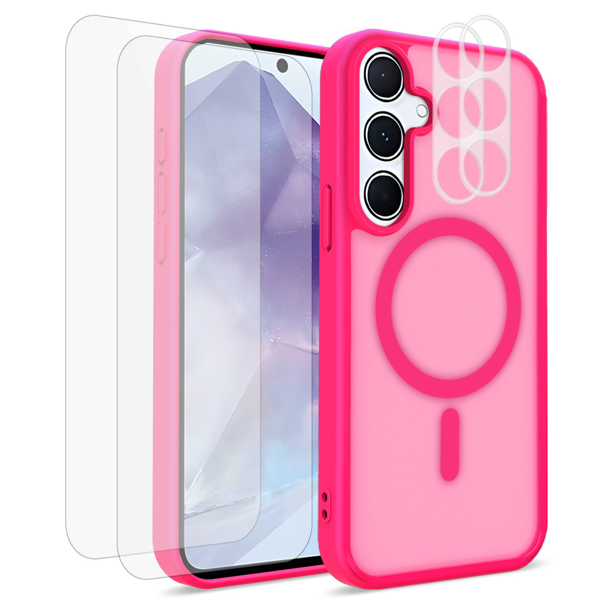 Til Samsung Galaxy A55 5G Magnetisk Etui PC + TPU Mat Telefoncover med 2 stk. Kameraprotector + 2 stk. Skærmbeskytter