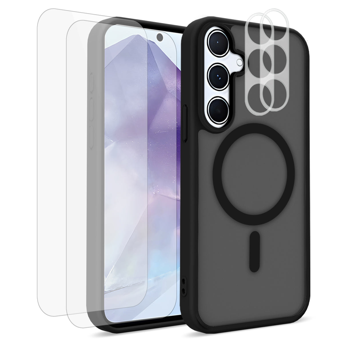 For Samsung Galaxy A37 5G Magnetic Case PC + TPU Matte Phone Cover with 2Pcs Camera Protector + 2Pcs Screen Protector