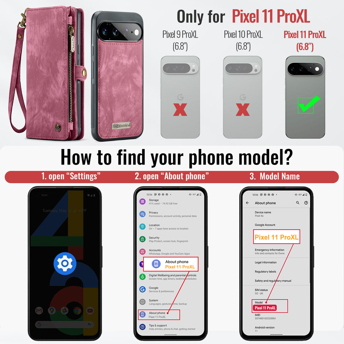 CASEME for Google Pixel 11 Pro XL 008 Phone Cases Leather Cover with Detachable Wallet and Strap