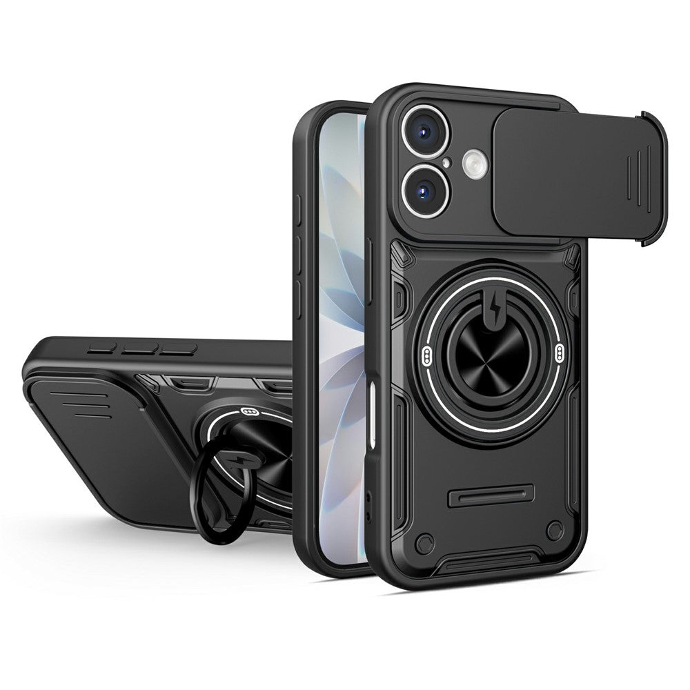 For iPhone 16 Magnetic Case Sliding Camera Cover TPU+PC Phone Cover with Rotating Kickstand