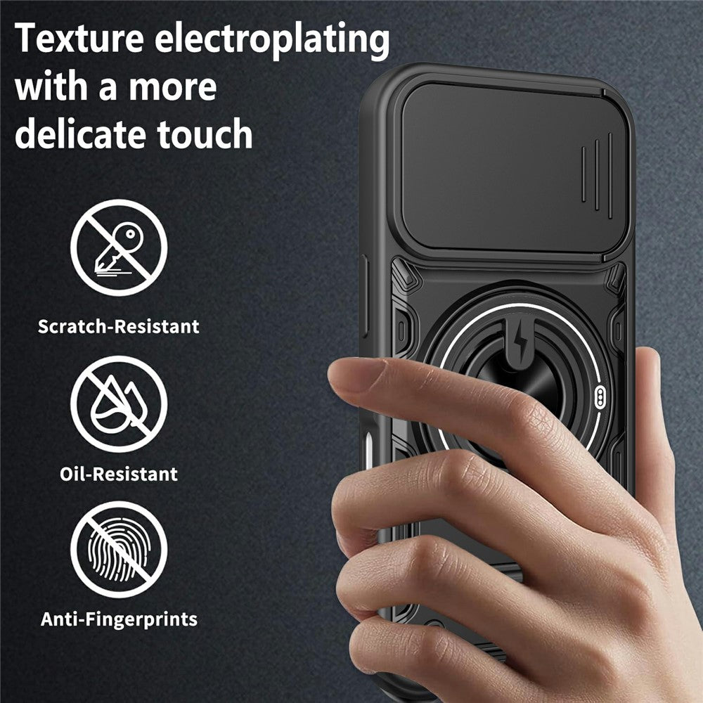 For iPhone 16 Magnetic Case Sliding Camera Cover TPU+PC Phone Cover with Rotating Kickstand