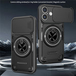 For iPhone 16 Magnetic Case Sliding Camera Cover TPU+PC Phone Cover with Rotating Kickstand