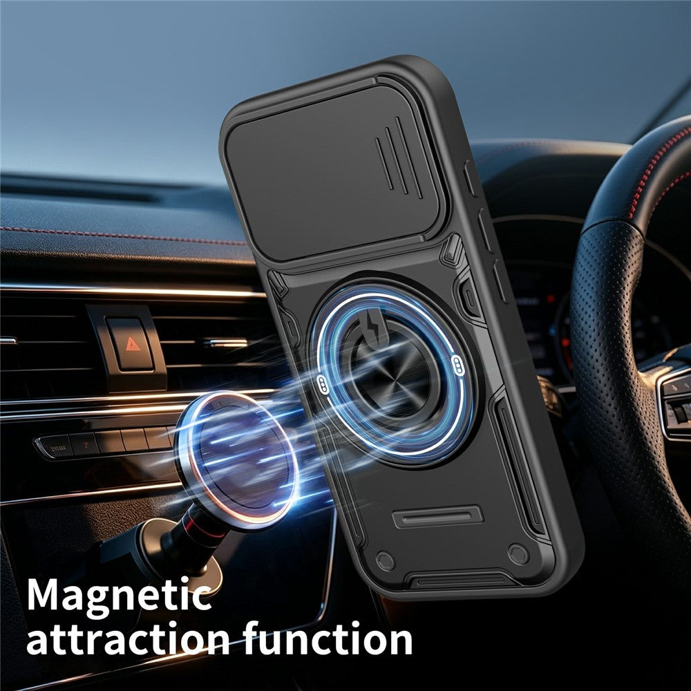 For iPhone 16 Magnetic Case Sliding Camera Cover TPU+PC Phone Cover with Rotating Kickstand
