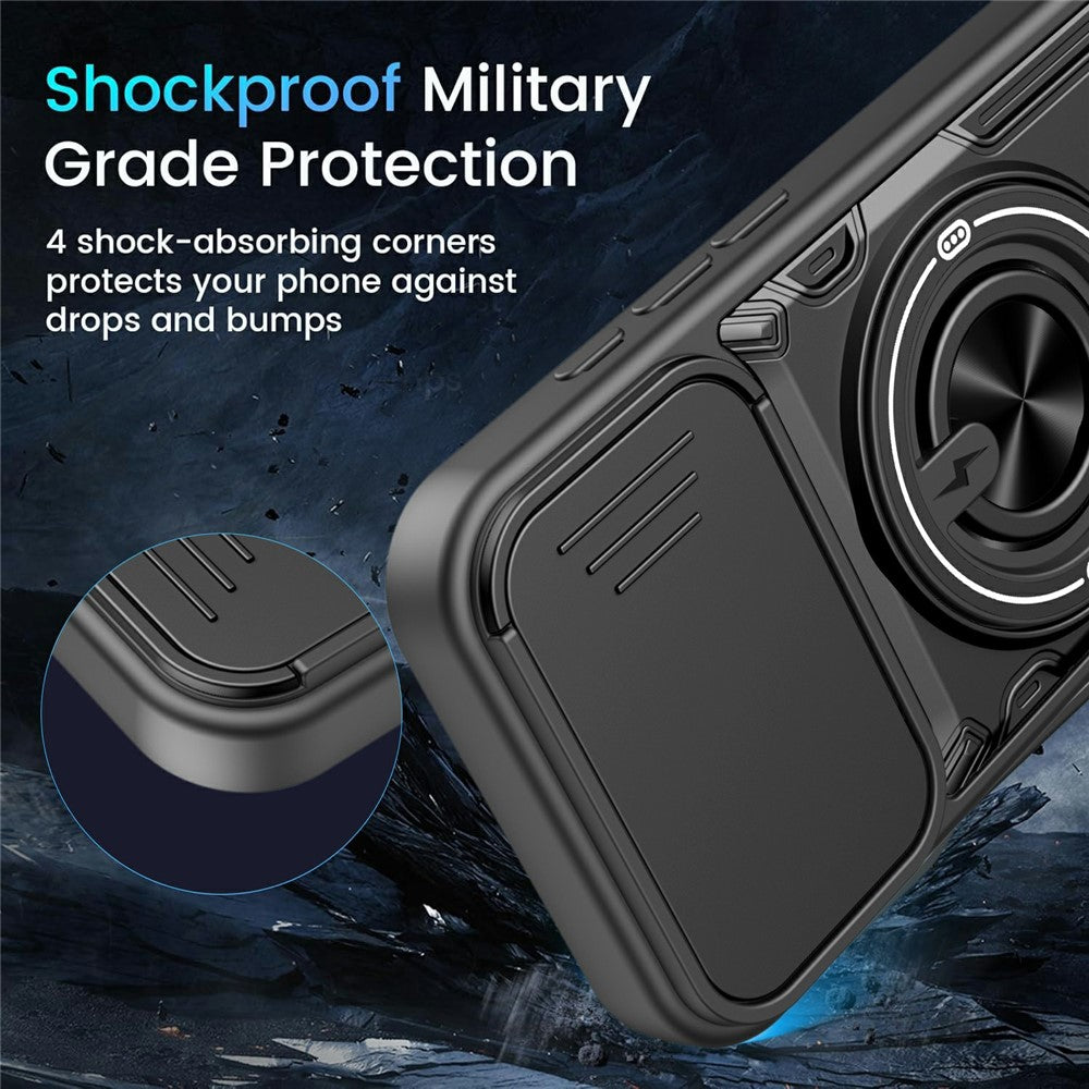 For iPhone 16 Magnetic Case Sliding Camera Cover TPU+PC Phone Cover with Rotating Kickstand