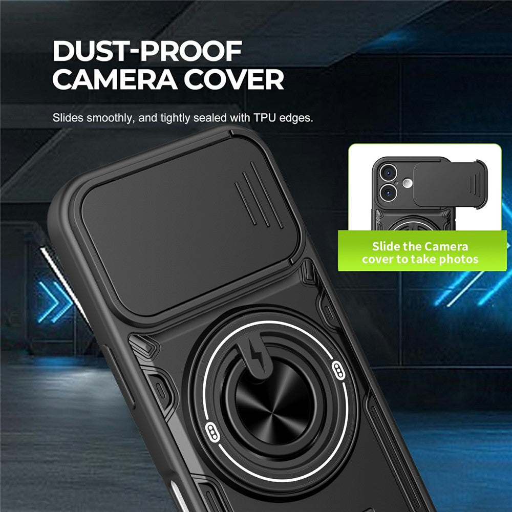 For iPhone 16 Magnetic Case Sliding Camera Cover TPU+PC Phone Cover with Rotating Kickstand