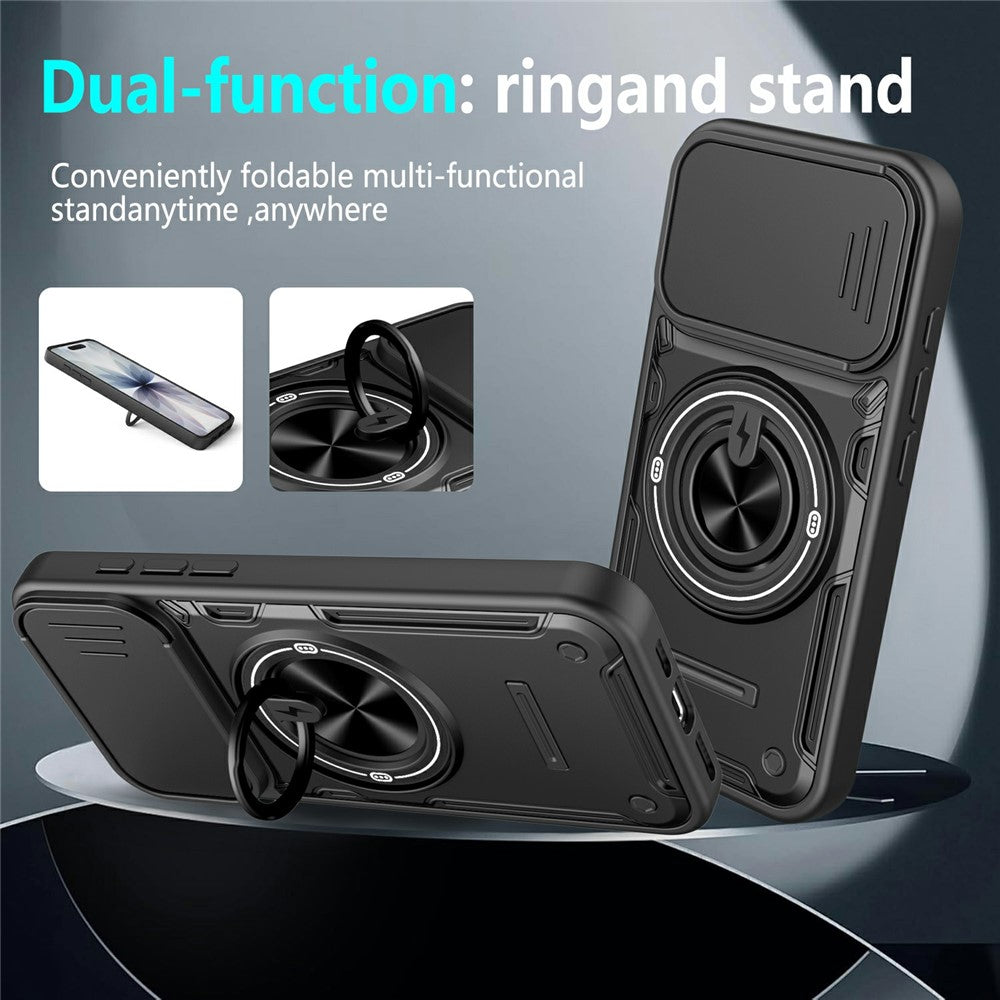 For iPhone 16 Magnetic Case Sliding Camera Cover TPU+PC Phone Cover with Rotating Kickstand