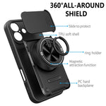 For iPhone 16 Magnetic Case Sliding Camera Cover TPU+PC Phone Cover with Rotating Kickstand