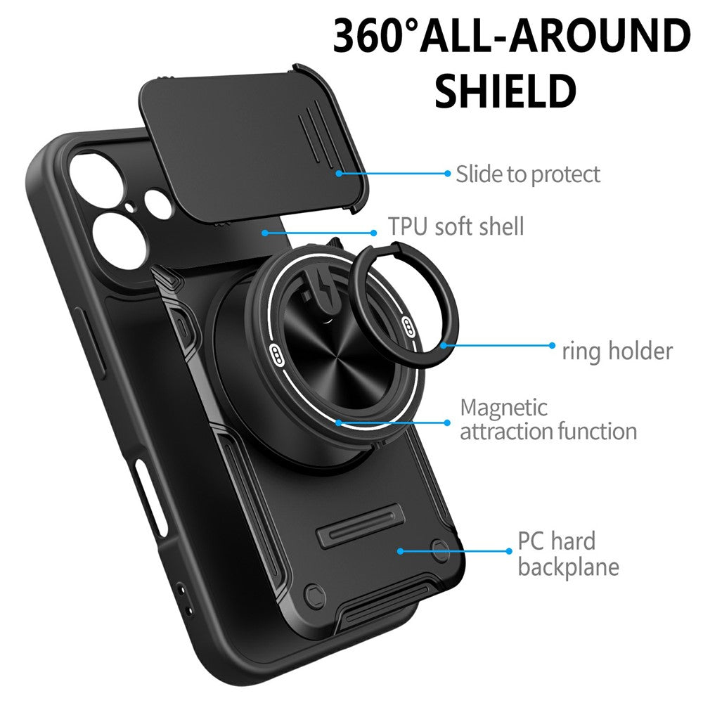 For iPhone 16 Magnetic Case Sliding Camera Cover TPU+PC Phone Cover with Rotating Kickstand