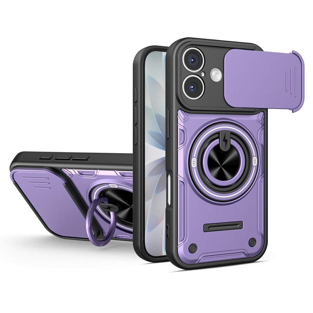 For iPhone 16 Magnetic Case Sliding Camera Cover TPU+PC Phone Cover with Rotating Kickstand