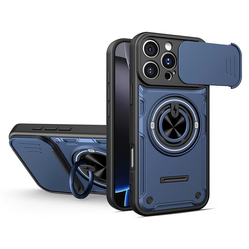 For iPhone 16 Pro Magnetic Case Sliding Camera Cover TPU+PC Phone Cover with Rotating Kickstand