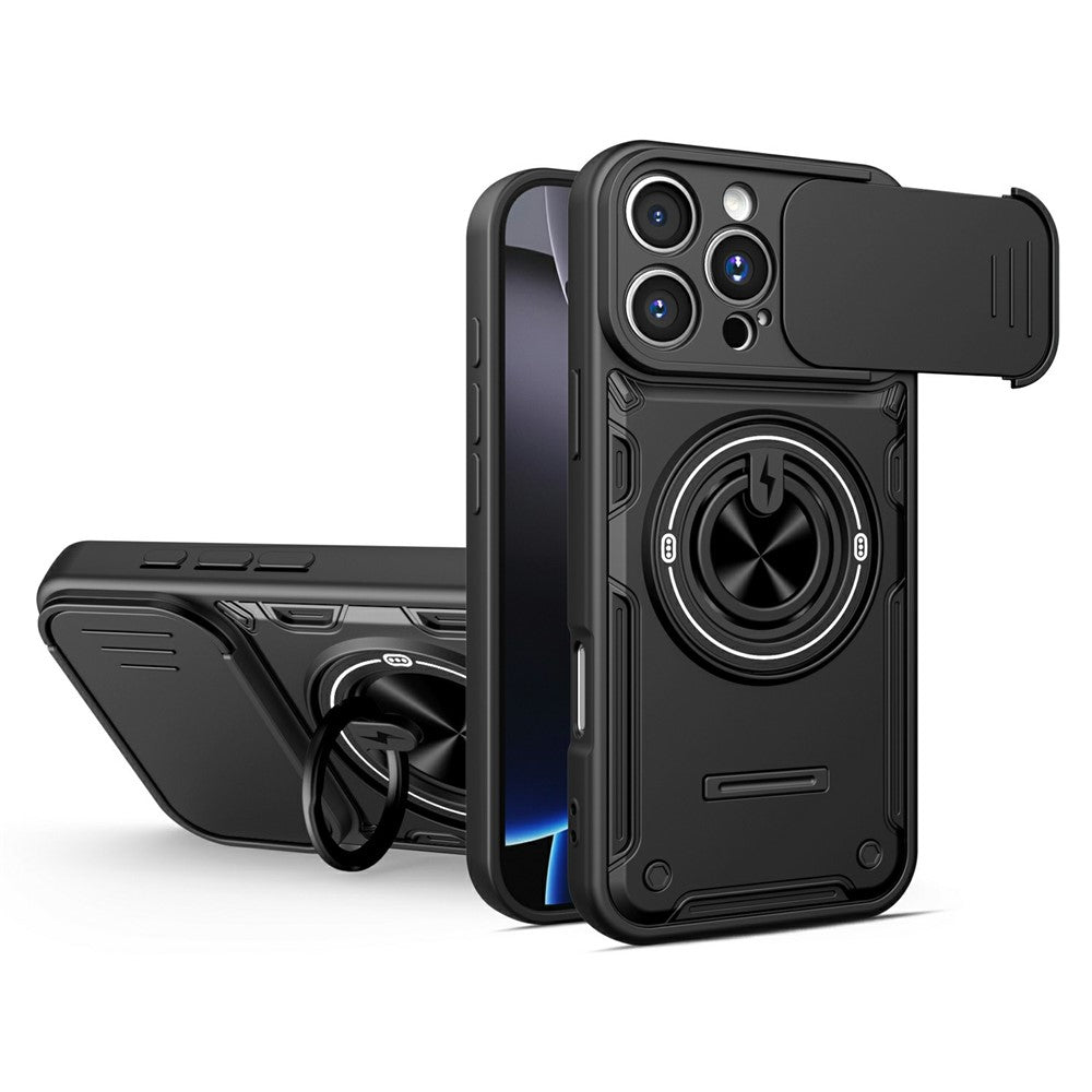 For iPhone 16 Pro Magnetic Case Sliding Camera Cover TPU+PC Phone Cover with Rotating Kickstand
