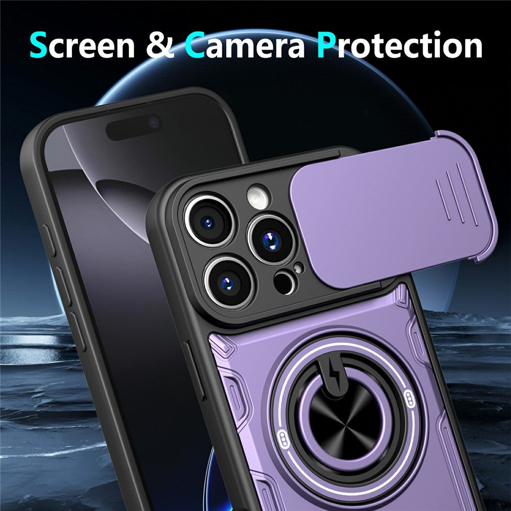 Til iPhone 16 Pro Max Magnetisk Cover Skydende Kameradæksel TPU+PC Telefoncover med Roterende Støtteben