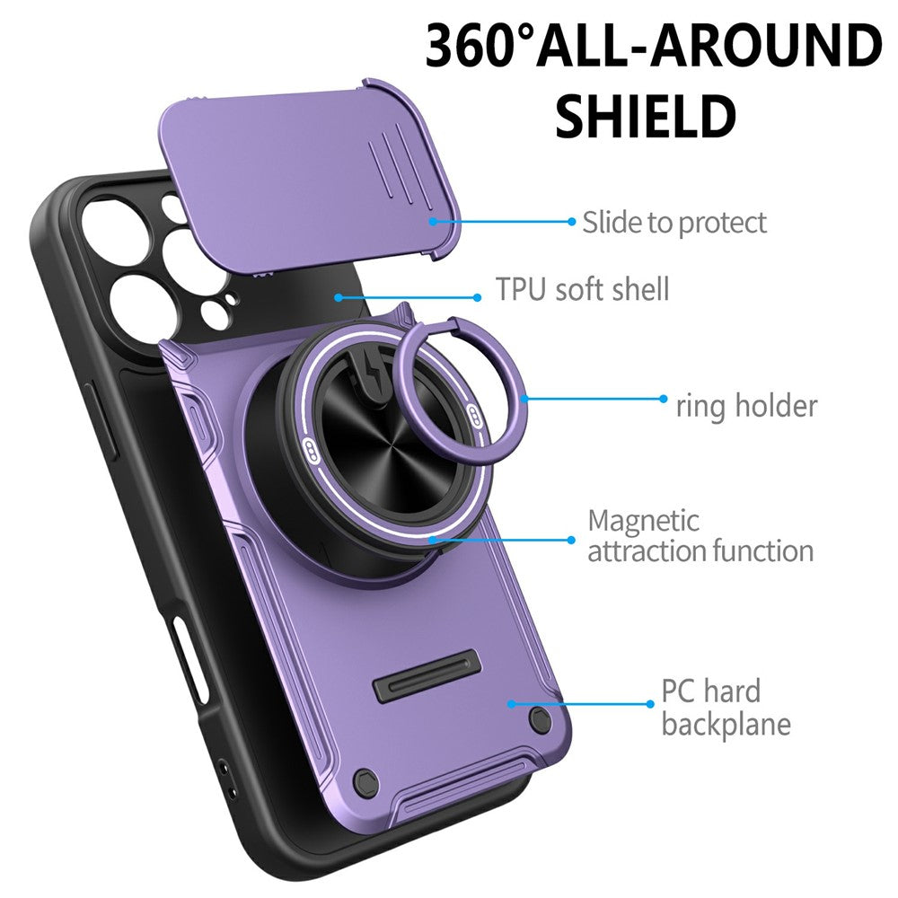 Til iPhone 16 Pro Max Magnetisk Cover Skydende Kameradæksel TPU+PC Telefoncover med Roterende Støtteben
