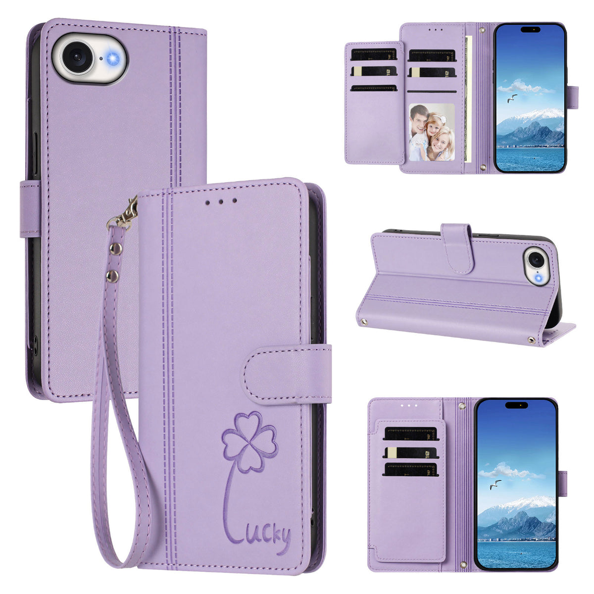 For iPhone 16e / iPhone 17e Wallet Case 9 Card Slots Lucky Clover Imprint Leather Phone Cover with Wrist Strap