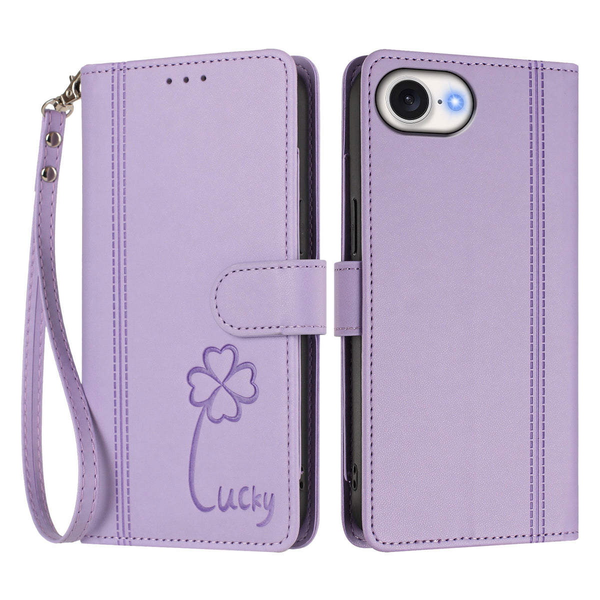 For iPhone 16e / iPhone 17e Wallet Case 9 Card Slots Lucky Clover Imprint Leather Phone Cover with Wrist Strap