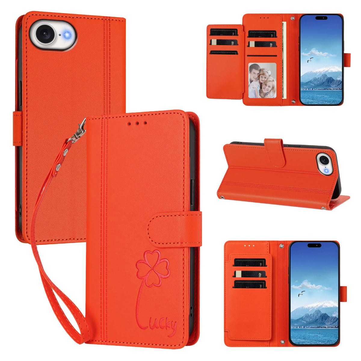 For iPhone 16e / iPhone 17e Wallet Case 9 Card Slots Lucky Clover Imprint Leather Phone Cover with Wrist Strap