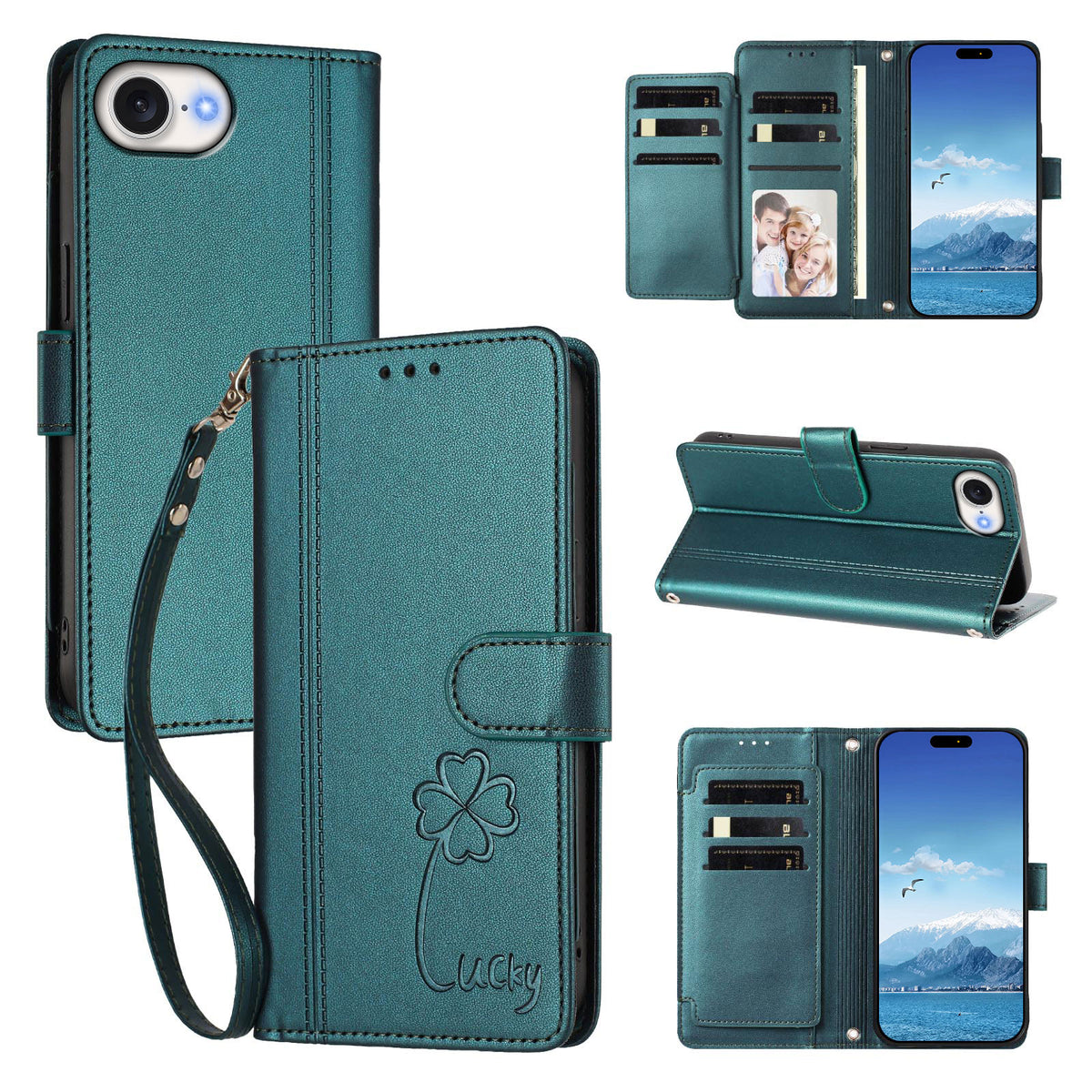 For iPhone 16e / iPhone 17e Wallet Case 9 Card Slots Lucky Clover Imprint Leather Phone Cover with Wrist Strap