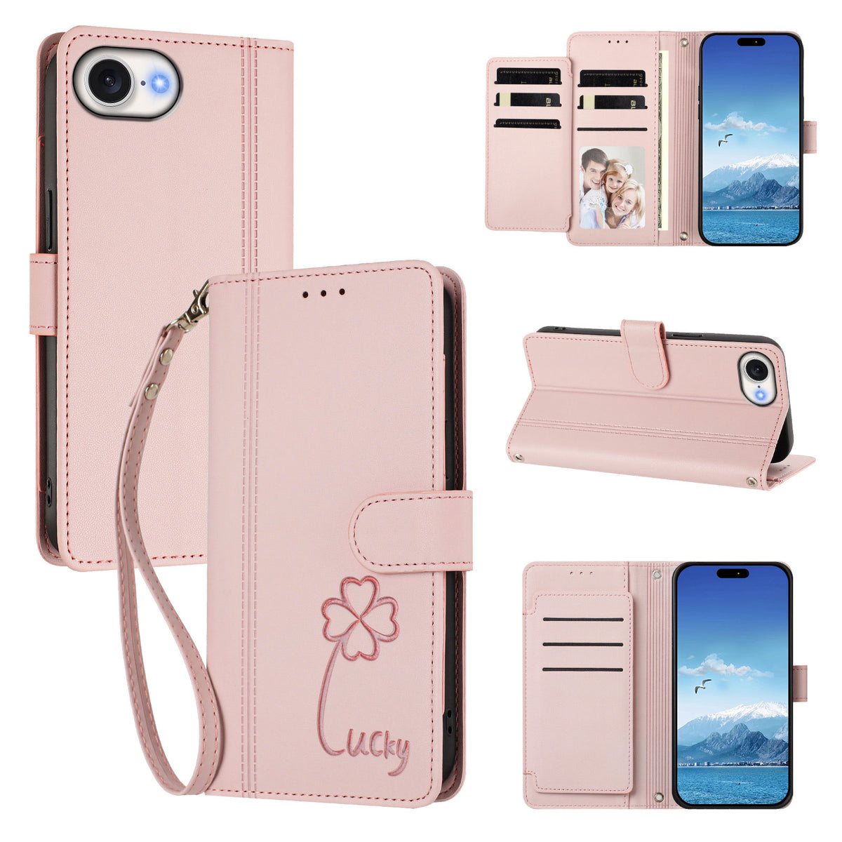 For iPhone 16e / iPhone 17e Wallet Case 9 Card Slots Lucky Clover Imprint Leather Phone Cover with Wrist Strap