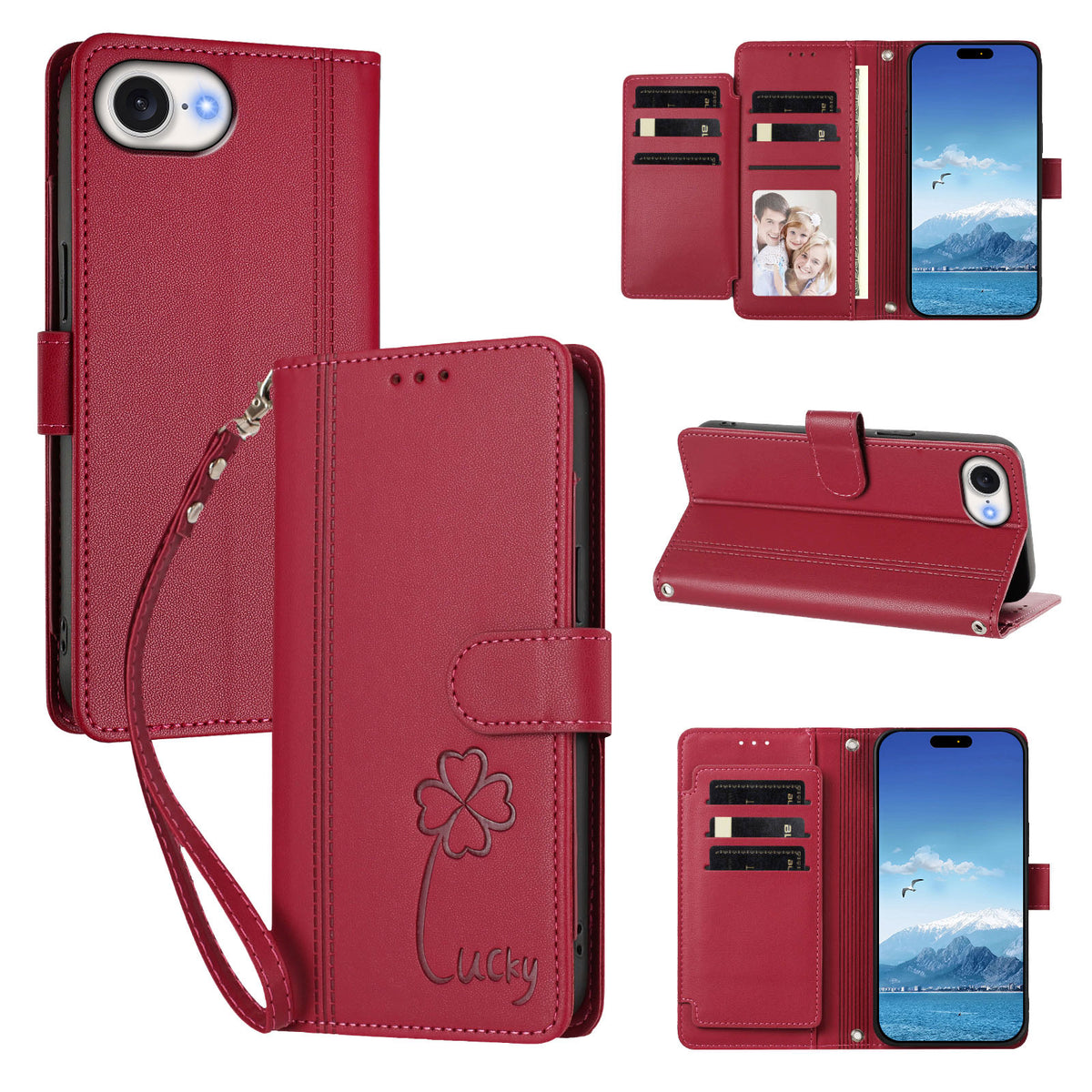 For iPhone 16e / iPhone 17e Wallet Case 9 Card Slots Lucky Clover Imprint Leather Phone Cover with Wrist Strap